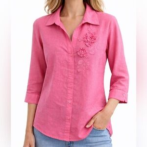 Fred David Petite Pink Linen Button Front 3/4 Sleeve Floral Embroidered Blouse